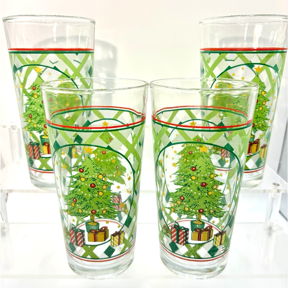 Vtg KIG Indonesia Glass Tumblers Christmas Tree Gifts & Lattice Design Set Of 4 - Picture 2 of 8